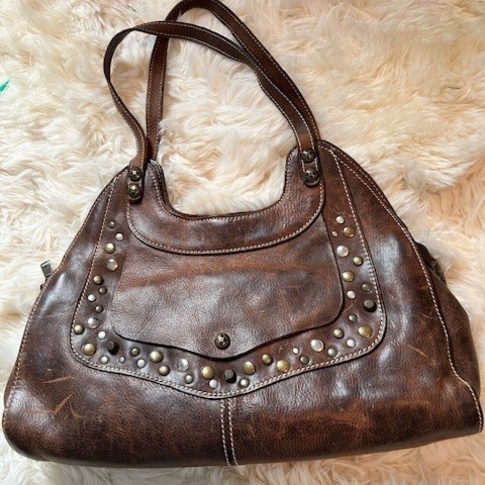 Patricia Nash Dark Brown Leather Studded Ergo Satchel/Shoulder Bag, Large